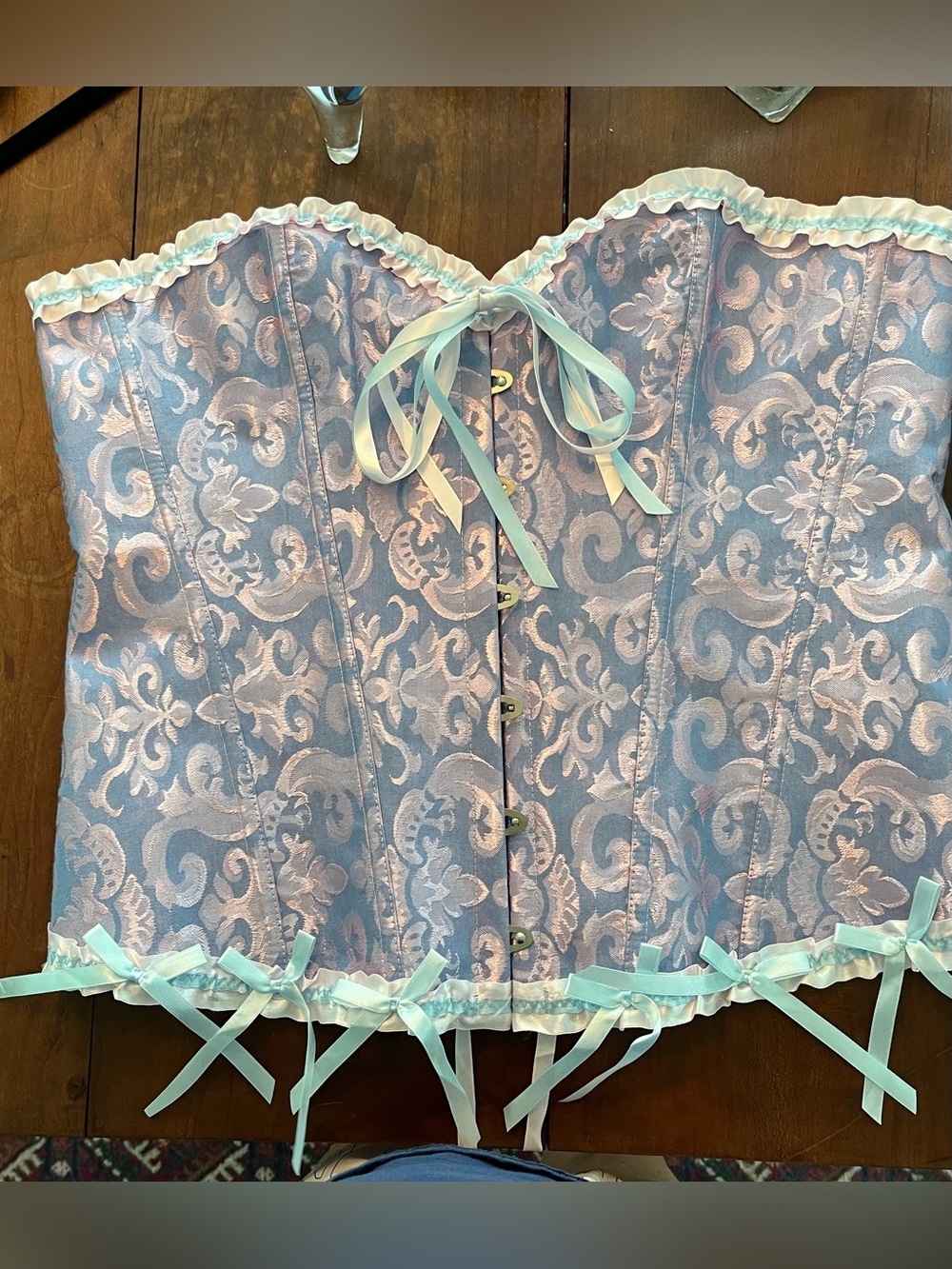 Pastel Blue Brocade Lace-Up Corset Bustier with Ribbon Trim